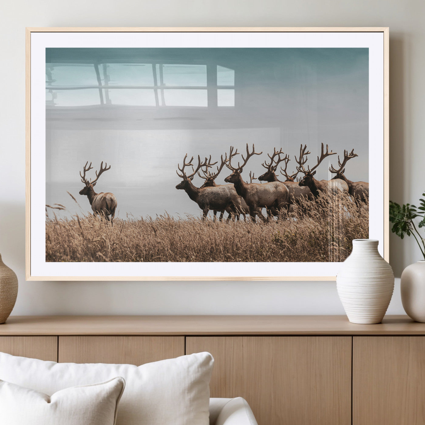 81594705-MGC-FP-36x24_Natural-Elk Herd Wall Art Canvas Print – Framed Wildlife Photography Rustic Nature Scene Artwork for Home, Office, Living Room