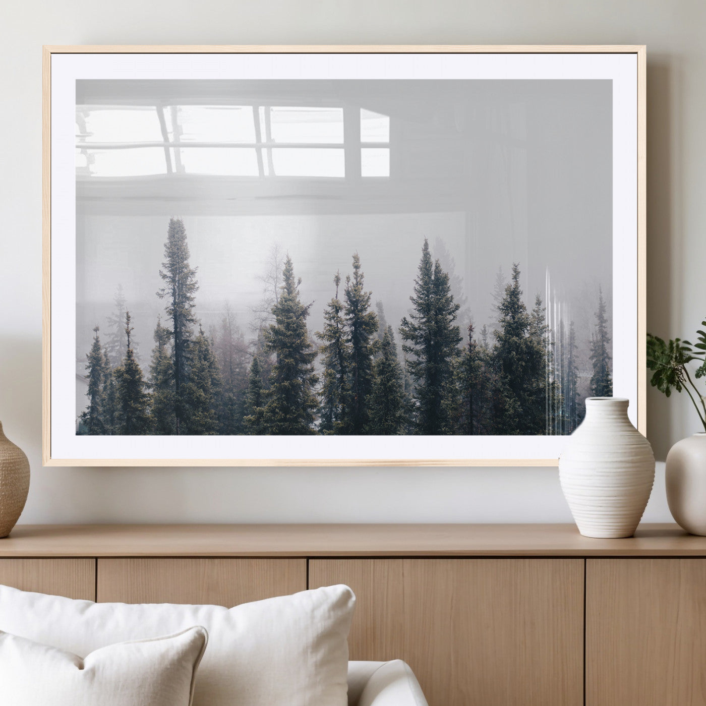 42364796-MGC-FP-36x24_Natural-Foggy Forest Wall Art Canvas Print – Framed Misty Pines Moody Woodland Nature Scene Artwork for Home Office