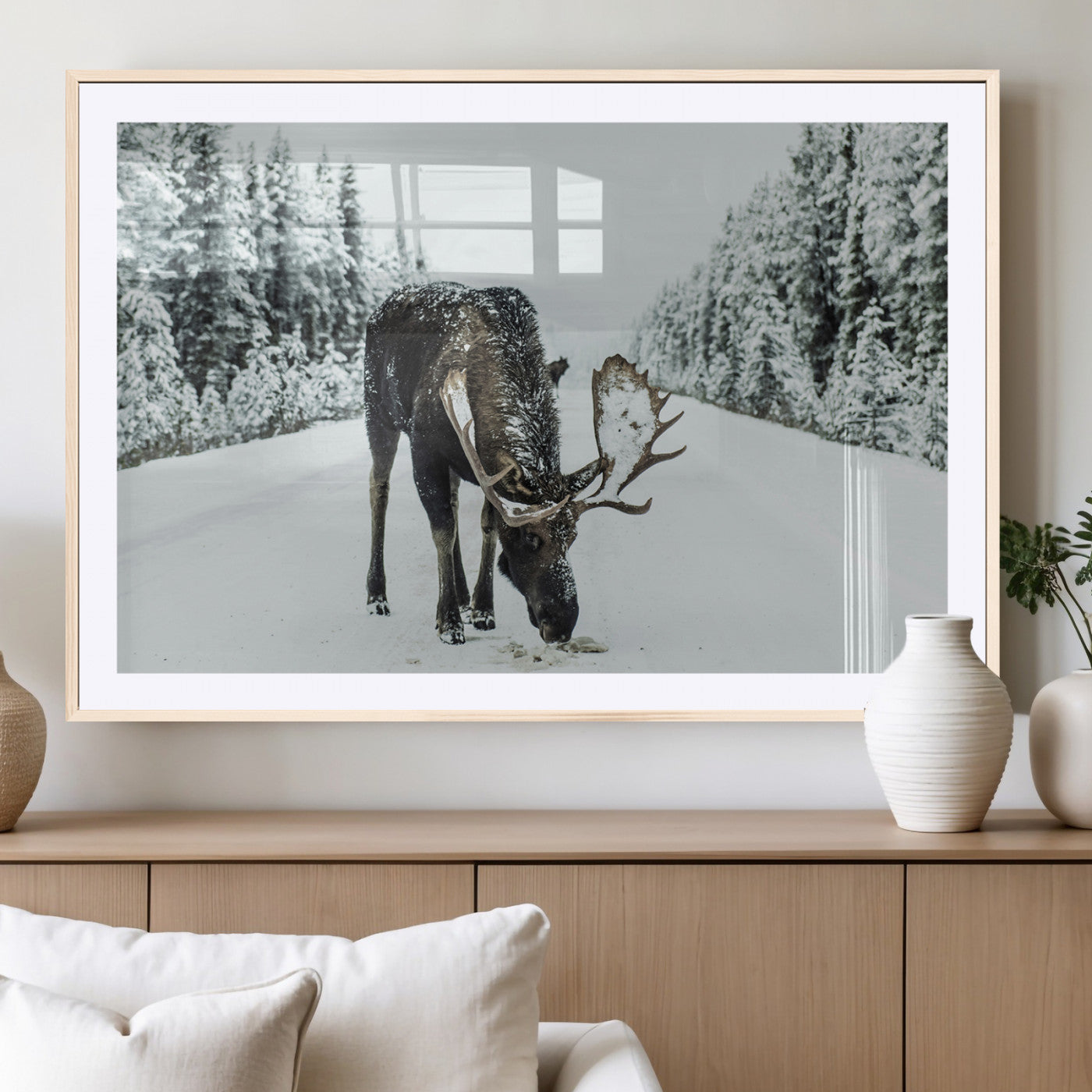 13316292-MGC-FP-36x24_Natural-Moose Snow Wall Art Canvas Print – Framed Winter Wildlife Snowy Forest Nature Scene Artwork for Home, Office, Living Room