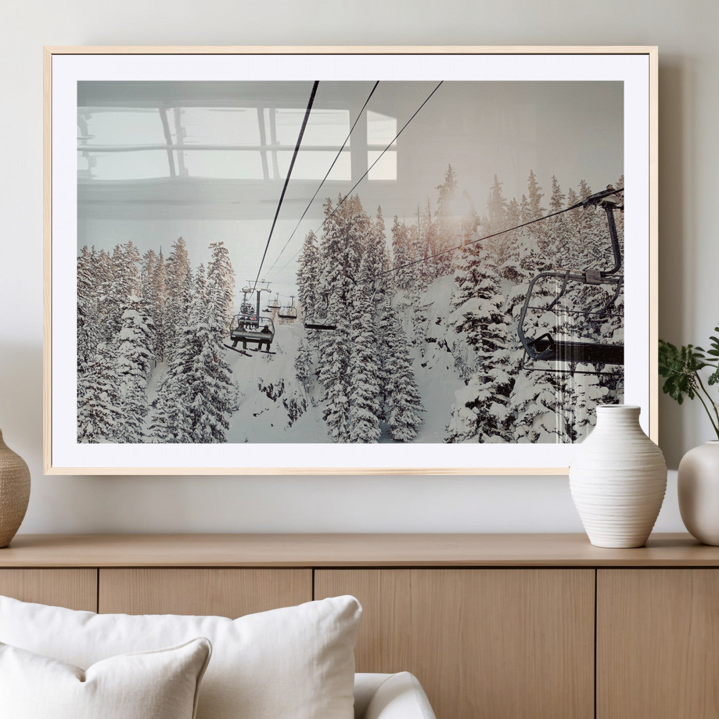 91534512-MGC-FP-36x24_Natural-Frosty Pines Wall Art Canvas Print – Framed Cozy Cabin Ski Lift Ride Winter Scene Artwork for Home Office