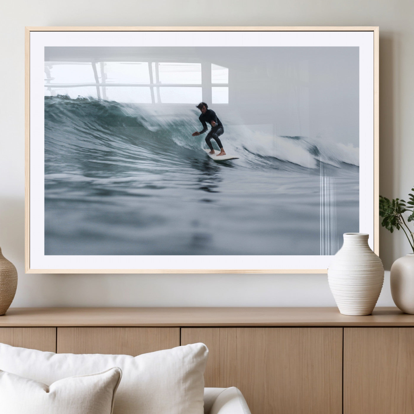 11693607-MGC-FP-36x24_Natural-Surfer on Wave Wall Art Canvas Print – Framed Ocean Adventure Motion Blur Water Coastal Action Artwork for Home, Office