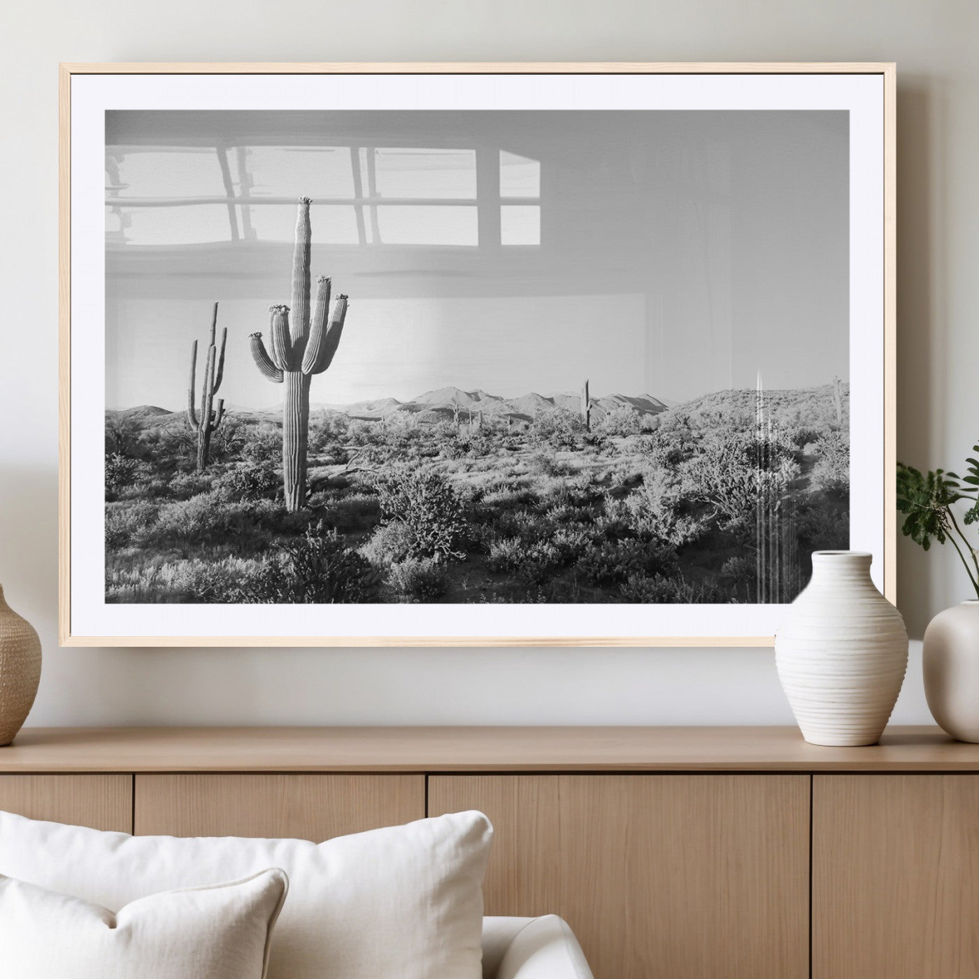 85205054-MGC-FP-36x24_Natural-Saguaro Cactus Wall Art Canvas Print – Framed Monochrome Landscape Scenic Arizona Minimalist Western Artwork for Home, Office