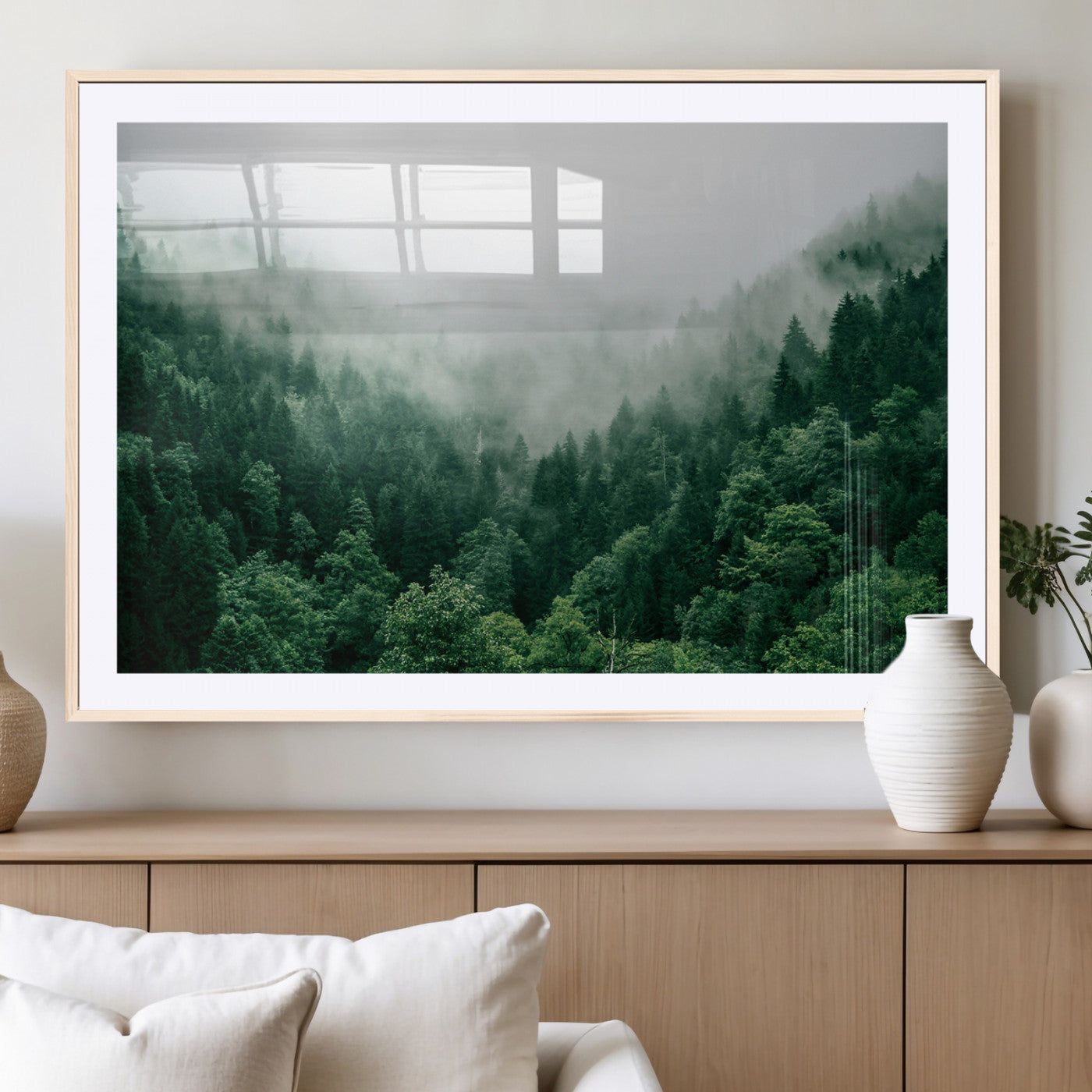45265379-MGC-FP-36x24_Natural-Misty Green Forest Canvas Print – Framed Serene Foggy Pine Landscape Tranquil Nature Wall Art for Home, Office