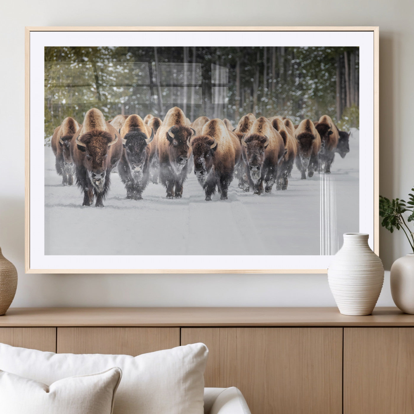 96906195-MGC-FP-36x24 - American Bison Herd Snow Canvas Wall Art – Powerful Winter Wildlife Print of Buffalo Motion, Rustic Lodge or Western Cabin Decor for Living Room, Office