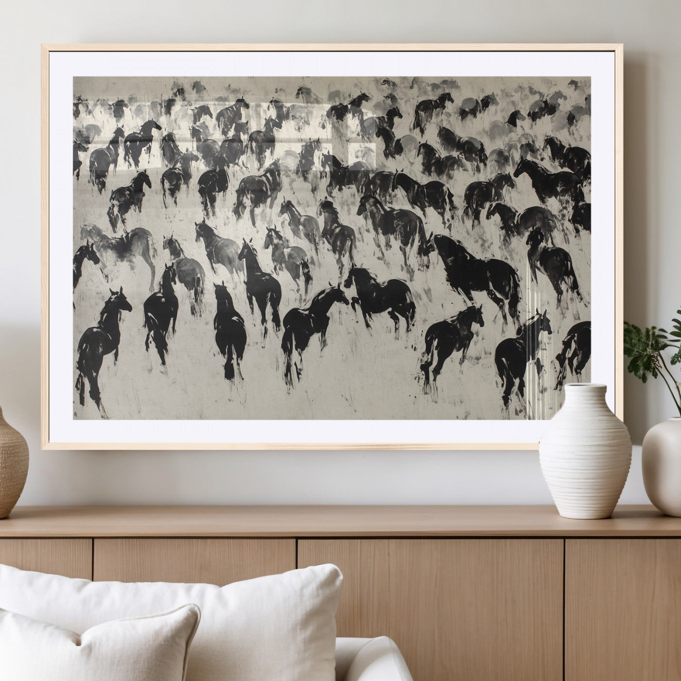 -Wild Horse Stampede Wall Art Canvas Print – Monochrome Running Horses Dynamic Motion Elegant Scene Artwork for Home, Office