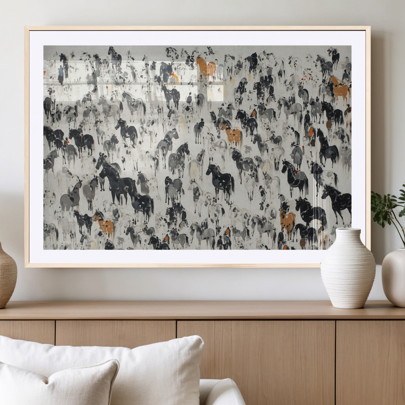 56463722-MGC-FP-36x24_Natural-Wild Horse Stampede Wall Art Canvas Print – Monochrome Running Horses Dynamic Motion Elegant Scene Artwork for Home, Office