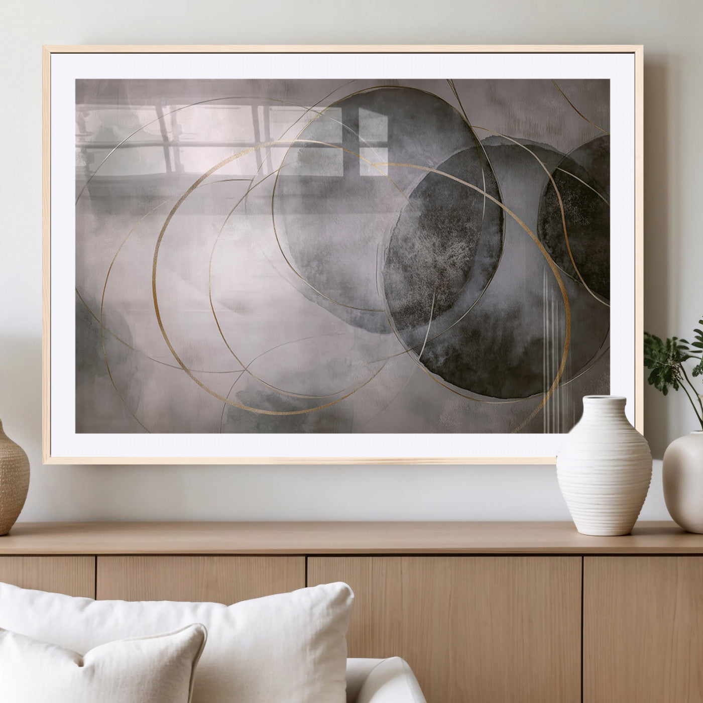 20066876-MGV-CV-36X24-Abstract Grey Gold Circle Wall Art – Modern Geometric Canvas Artwork, Minimal Elegant Design, Luxury Wall Decor for Home, Office
