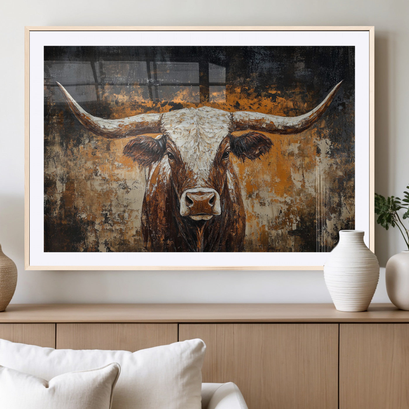 25265572-MGV-CV-36X24-Rustic Longhorn Bull Wall Art Canvas Print – Vintage Western Cattle Scene, Texas Steer Artwork for Home, Office