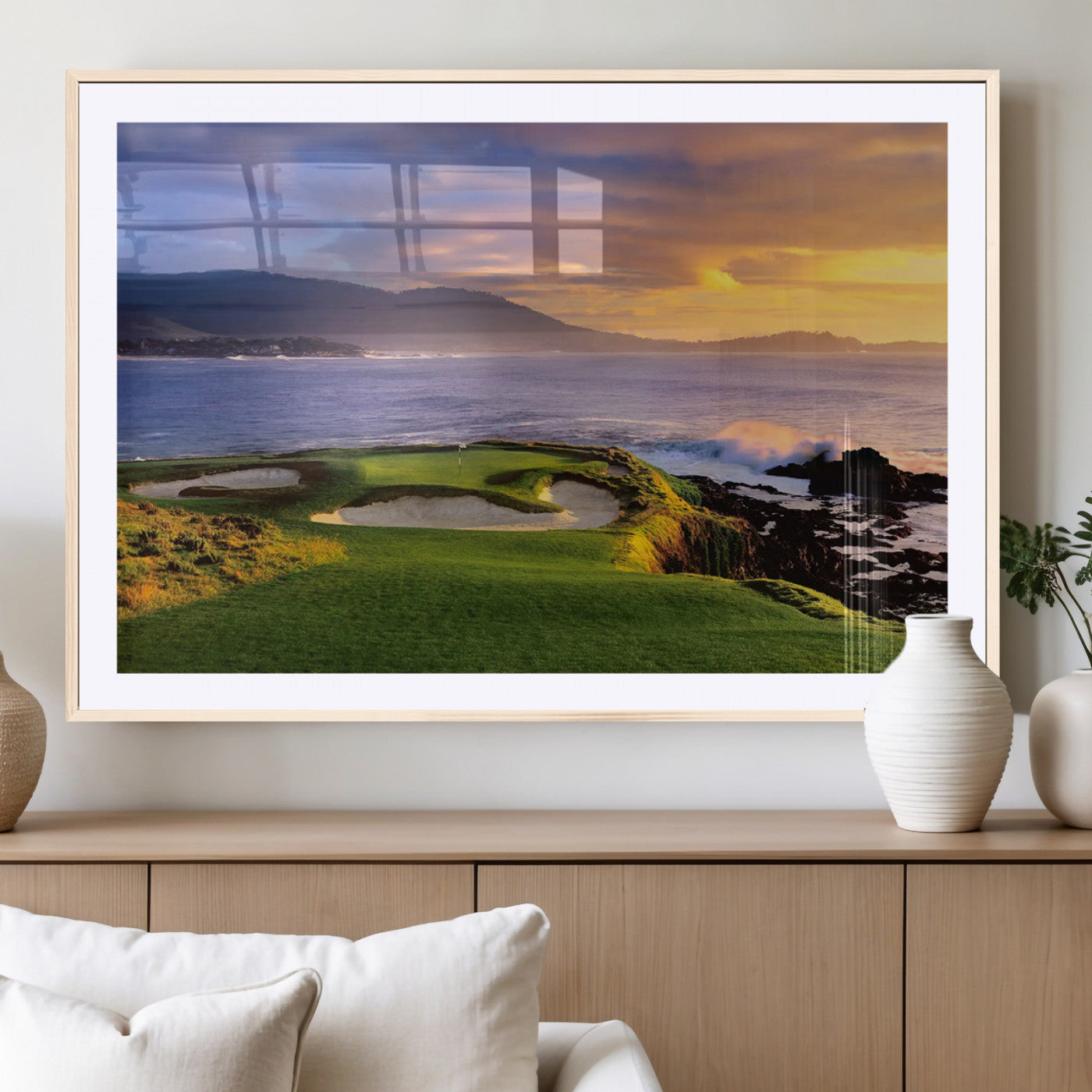 73699248-MGC-FP-36x24_Natural-Pebble Beach Golf Wall Art Canvas Print – Iconic Coastal Golf Course Artwork for Home, Office, Living Room