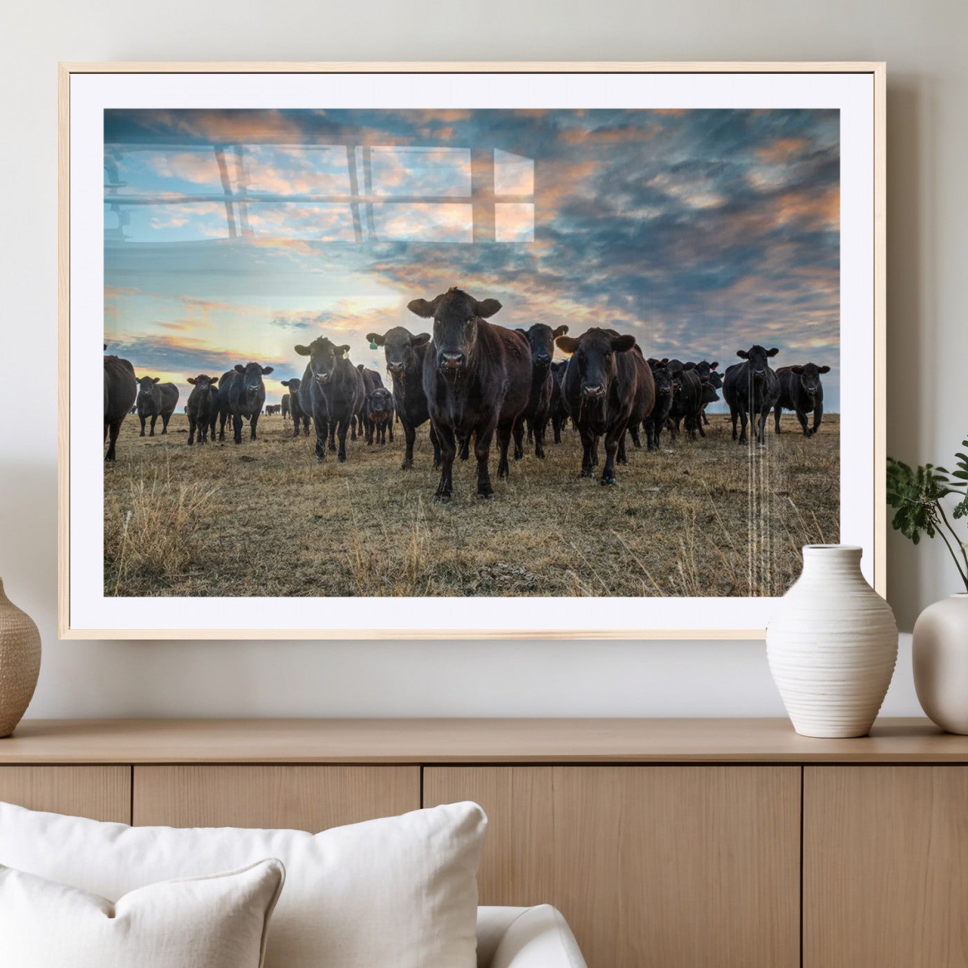 13867292-MGC-FP-36x24_Natural-Texas Longhorn Cattle Wall Art Canvas Print – Rustic Western Ranch Scene with Steers Sunset for Home, Office