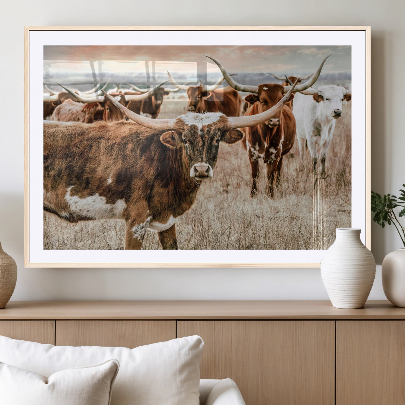 -Texas Longhorn Cattle Wall Art Canvas Print – Rustic Western Ranch Scene with Steers Sunset for Home, Office