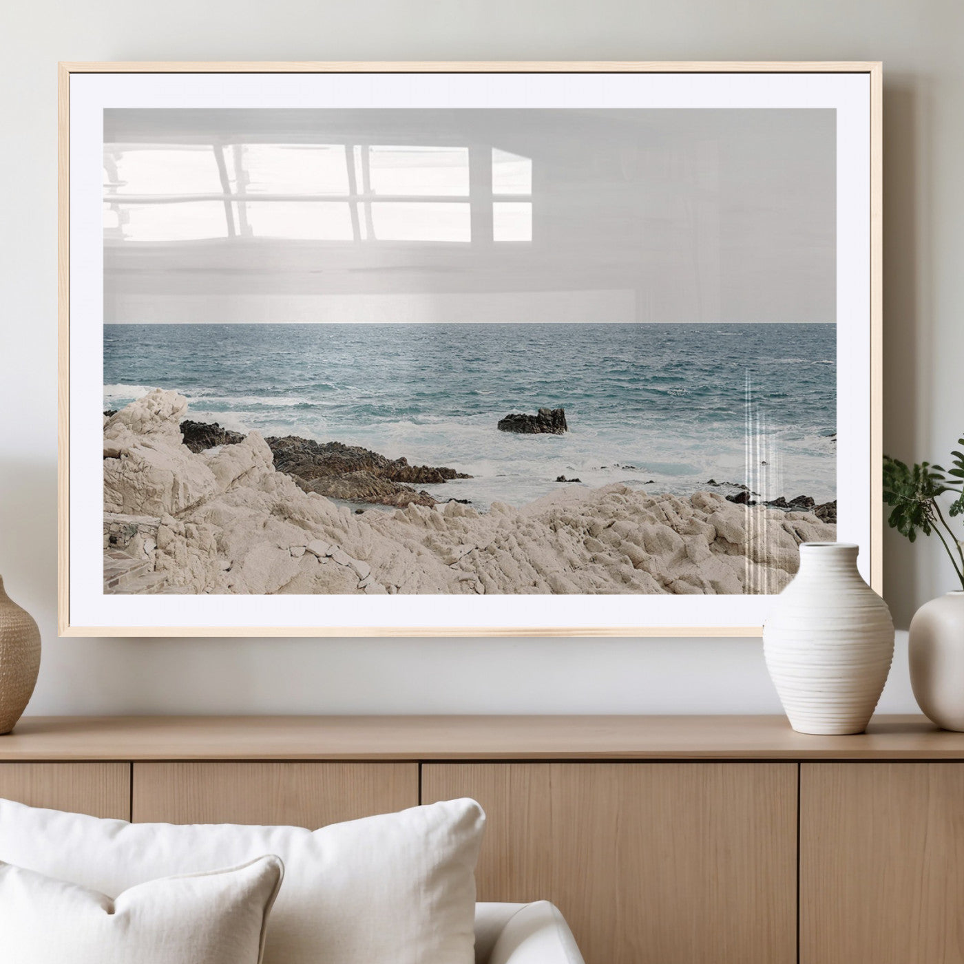 25481980-MGC-FP-36x24_Natural-Coastal Ocean View Wall Art Canvas Print – Serene Rocky Shoreline and Blue Sea Photography for Home, Office