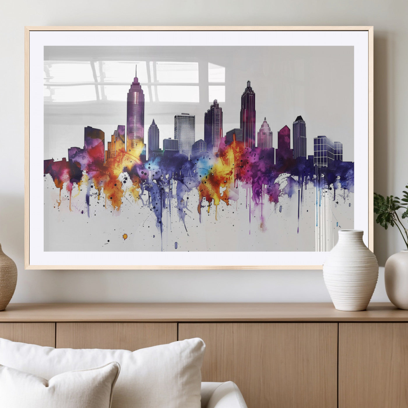 34479880-MGC-FP-36x24_Natural-Atlanta Skyline Wall Art Canvas Print – Framed Colorful Watercolor Cityscape Artwork for Home, Office, Living Room