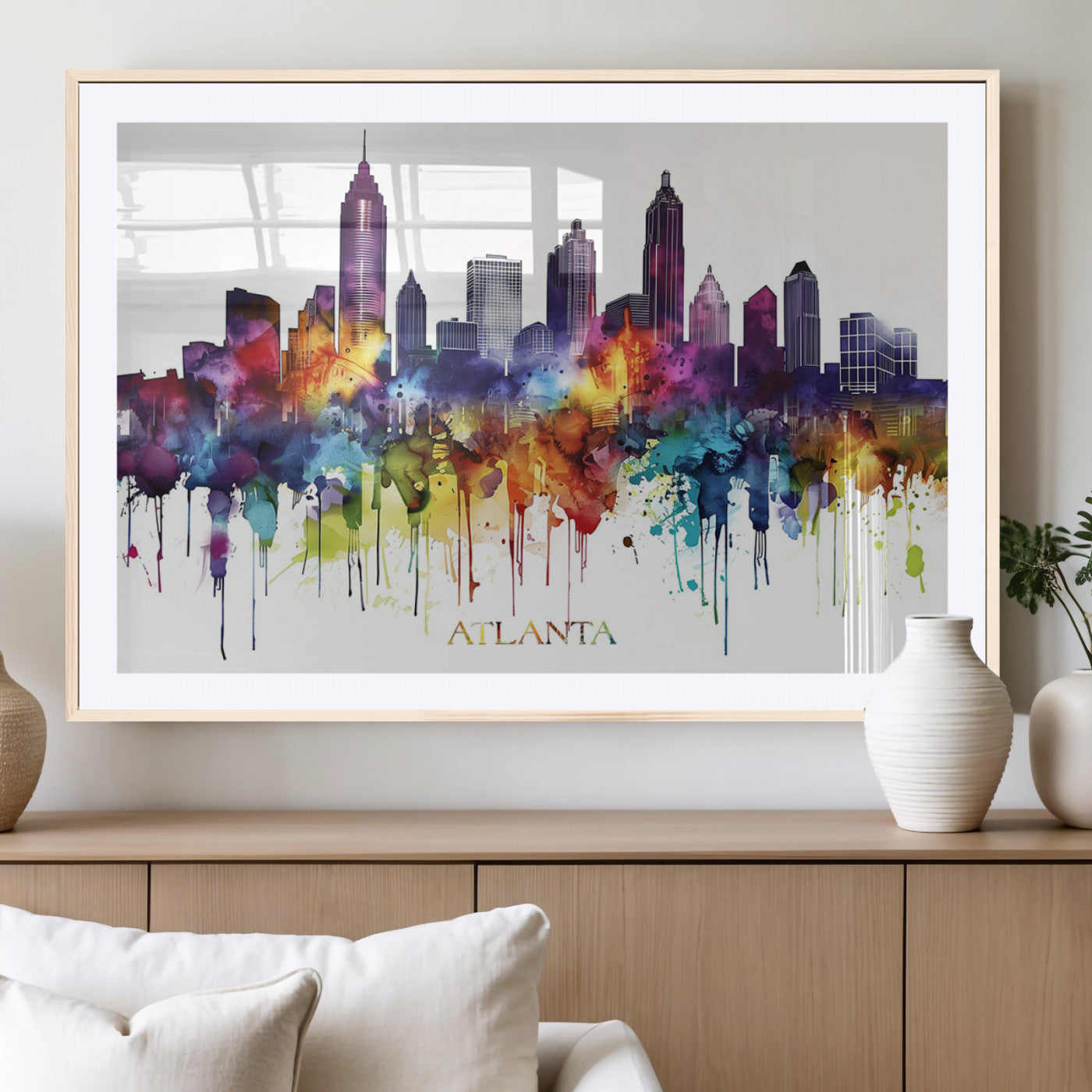 36048320-MGC-FP-36x24_Natural-Atlanta Skyline Wall Art Canvas Print – Framed Colorful Watercolor Cityscape Abstract Urban Artwork for Home, Office