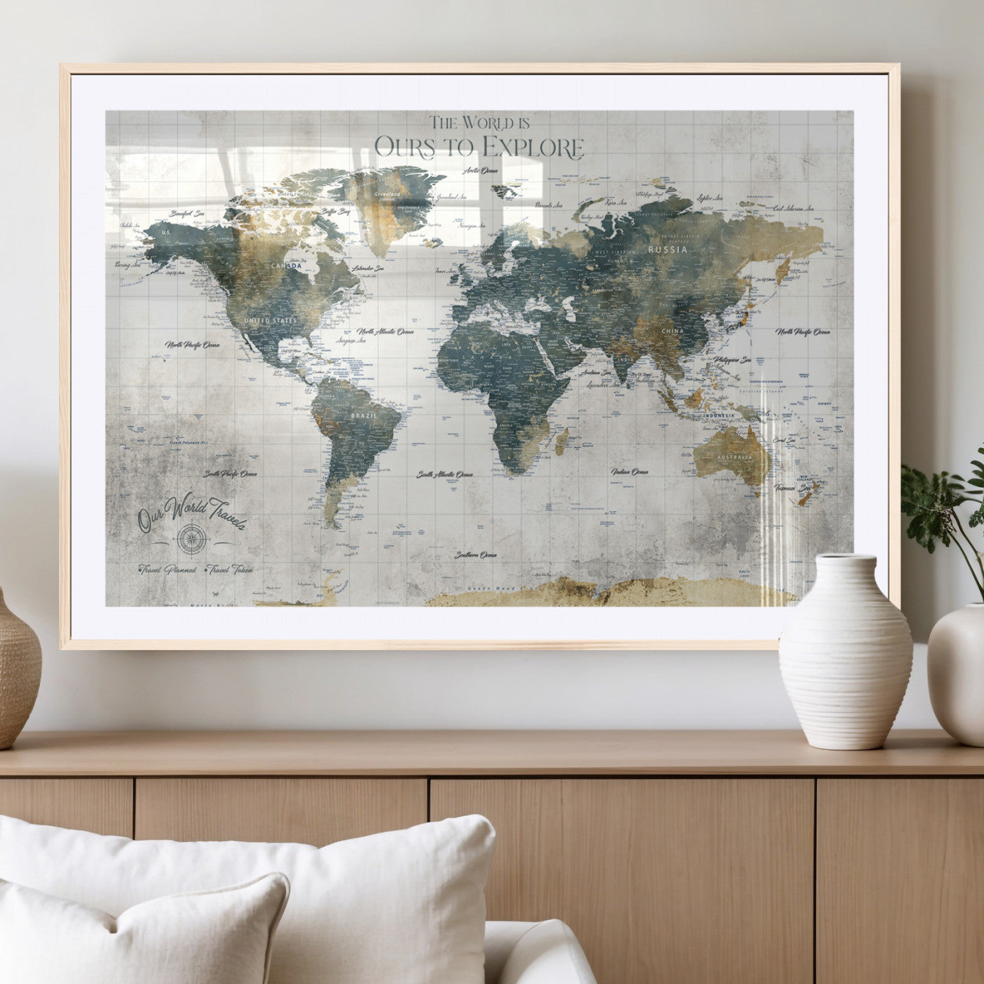 14988581-MGC-FP-36x24 - Custom Push Pin World Map Wall Canvas Print – Personalized Travel Tracker with Pins – Framed Custom Quotie Canvas for Home Office Decor