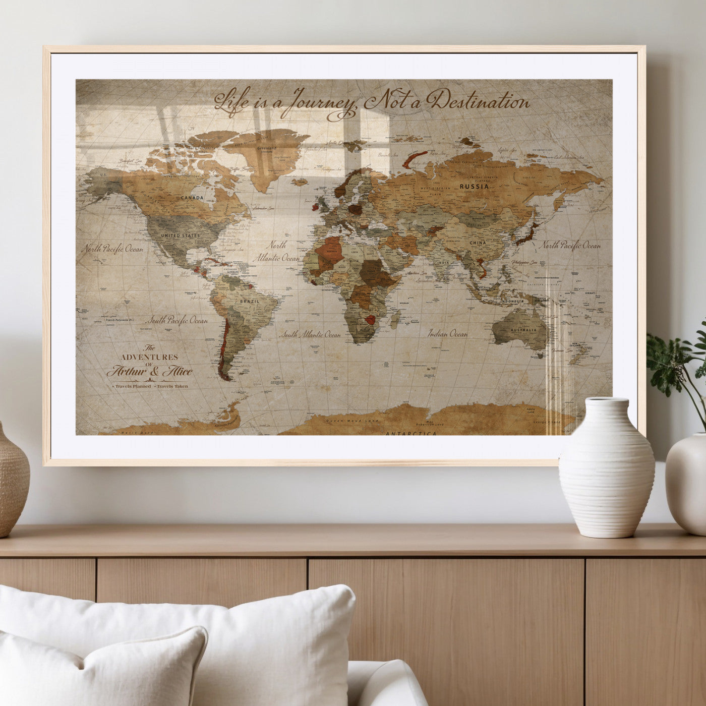 79036691-MGV-CV-36X24-Personalized World Map Canvas Wall Art – Custom Framed Push Pin Travel Tracker Print, Unique Gift for Home or Office Decor