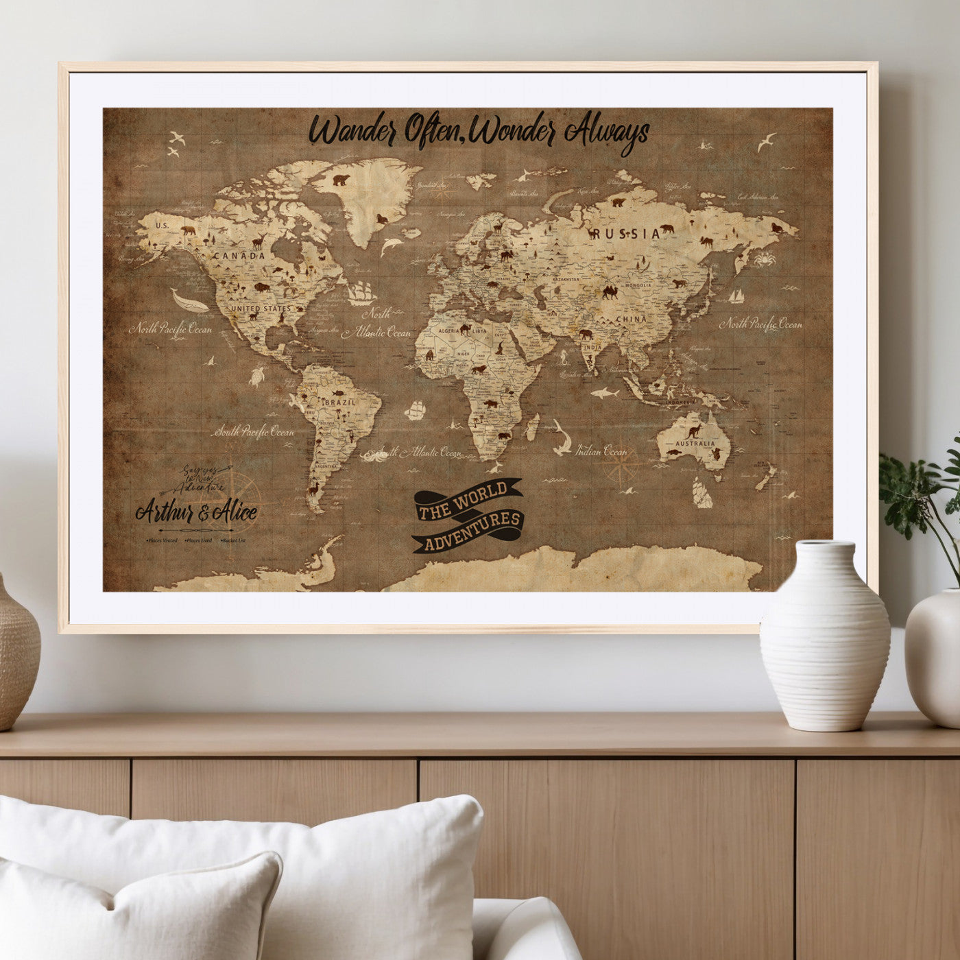Rehber01-MGV-CV-36X24-Customize Push Pin World Map Wall Art Canvas Print – Personalized Kids Room Framed Map Adventure Travel for home, office