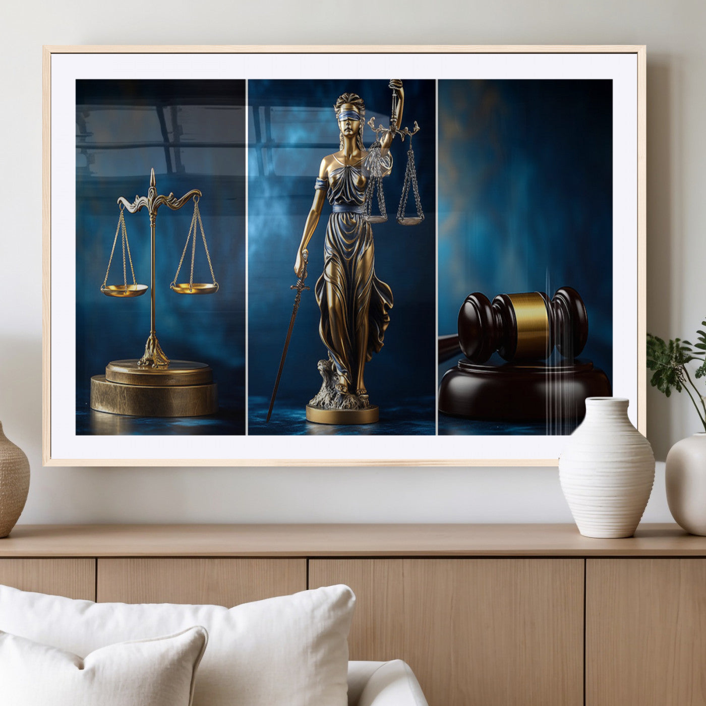87750525-MGV-CV-36X24-Justice Scales Statue Wall Art, Lady Justice Sculpture Canvas Print, Legal Law Decor, Courtroom