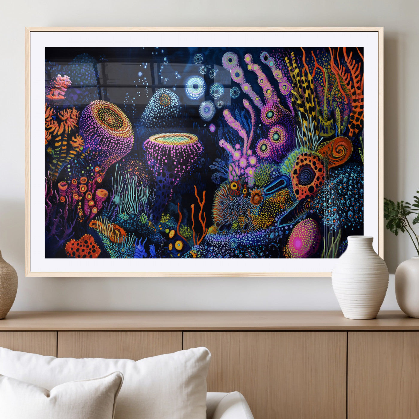 Vibrant and colorful abstract underwater coral reef artwork with diverse shapes and glowing patterns – Wall Art Canvas Print.
