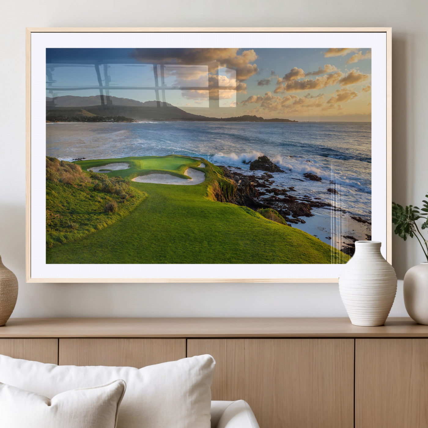 -Coastal Golf Course Wall Art Canvas Print – Sunset with Rolling Green Fairways and Ocean Waves Artwork for Home, Office