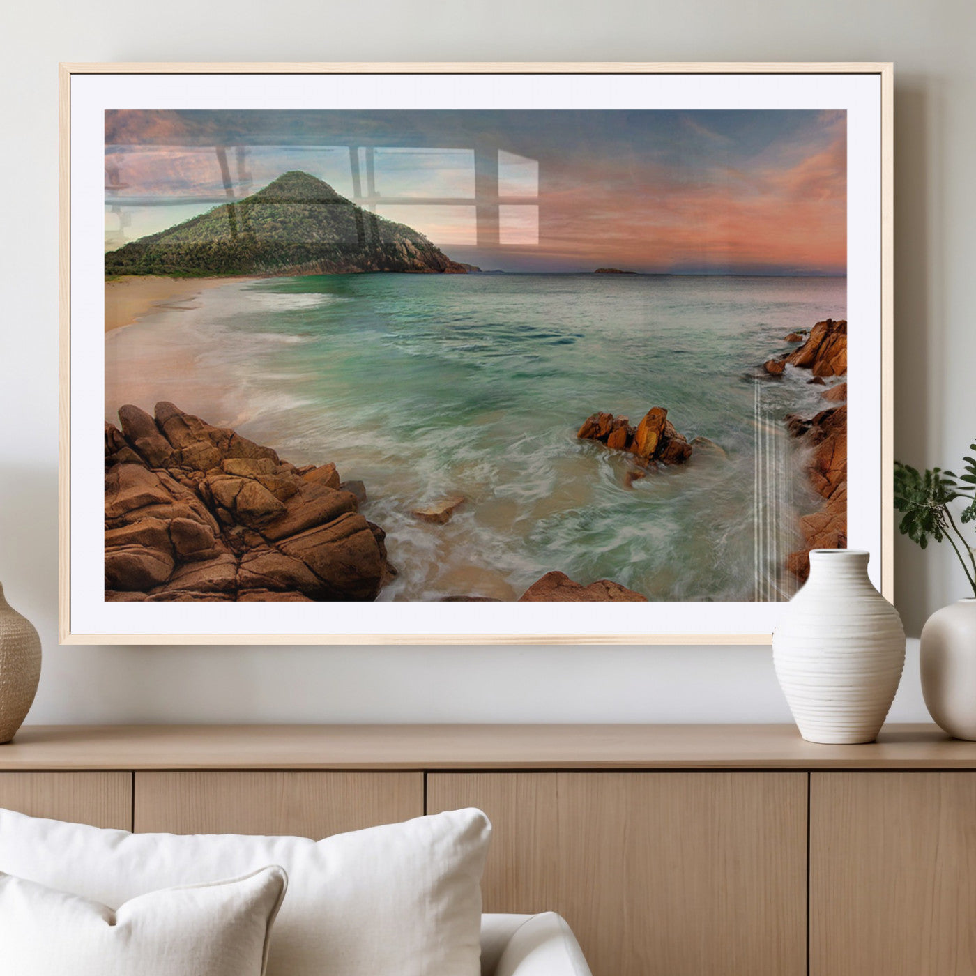 53831025-MGC-FP-40x30_Natural-Stunning Coastal Landscape with Rocky Shore and Green Hills at Sunset – Beautiful Ocean View Wall Art Canvas Print for Serene Home Decor.