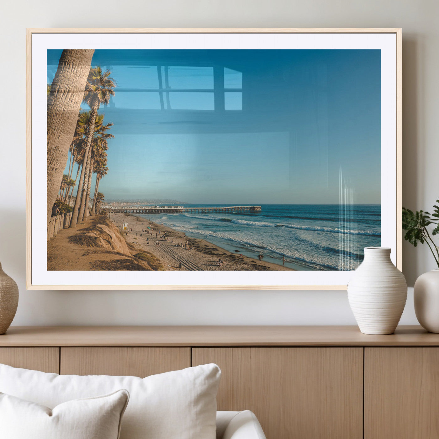 -Scenic Beach Wall Art Canvas Print – Tall Palm Trees, Sandy Shore, Long Pier Stretching into Calm Ocean Artwork for Home, Office