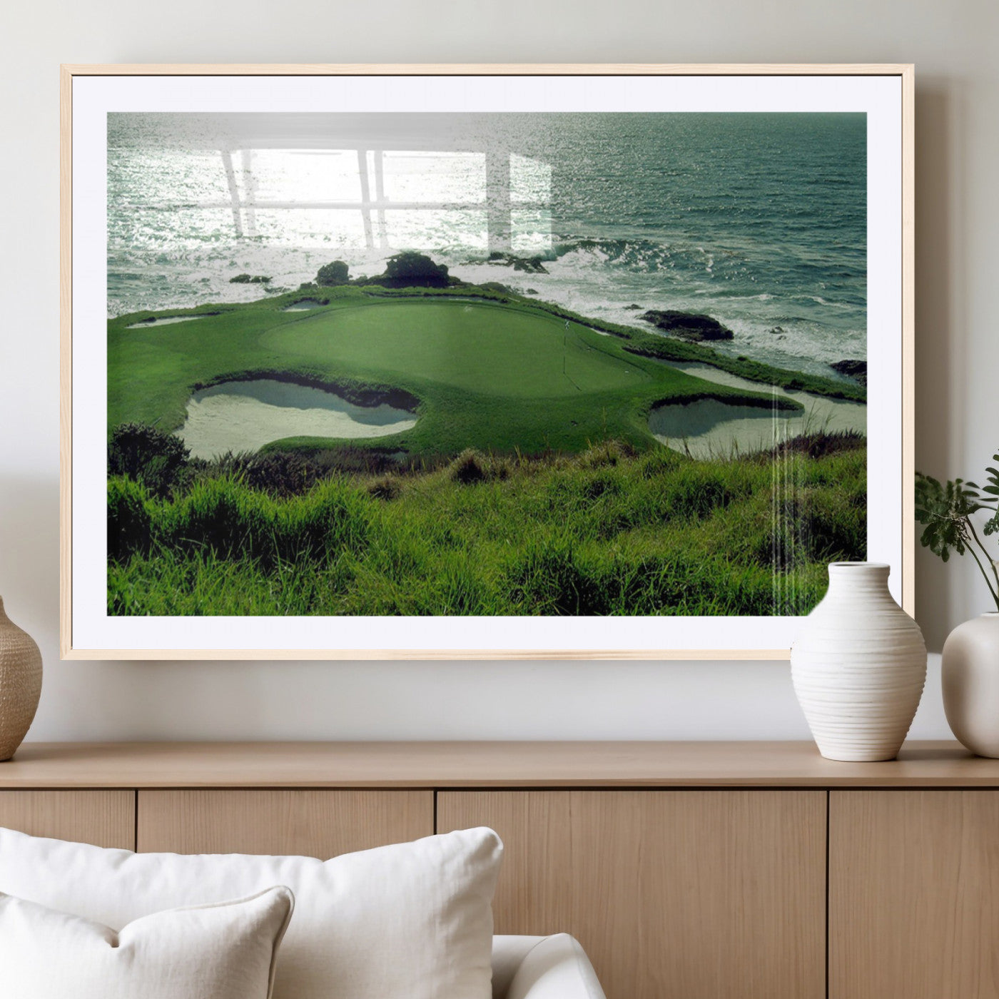 -Coastal Golf Course Wall Art Canvas Print – Scenic Green Surrounded by Sand Bunkers and Ocean Waves Artwork for Home, Office