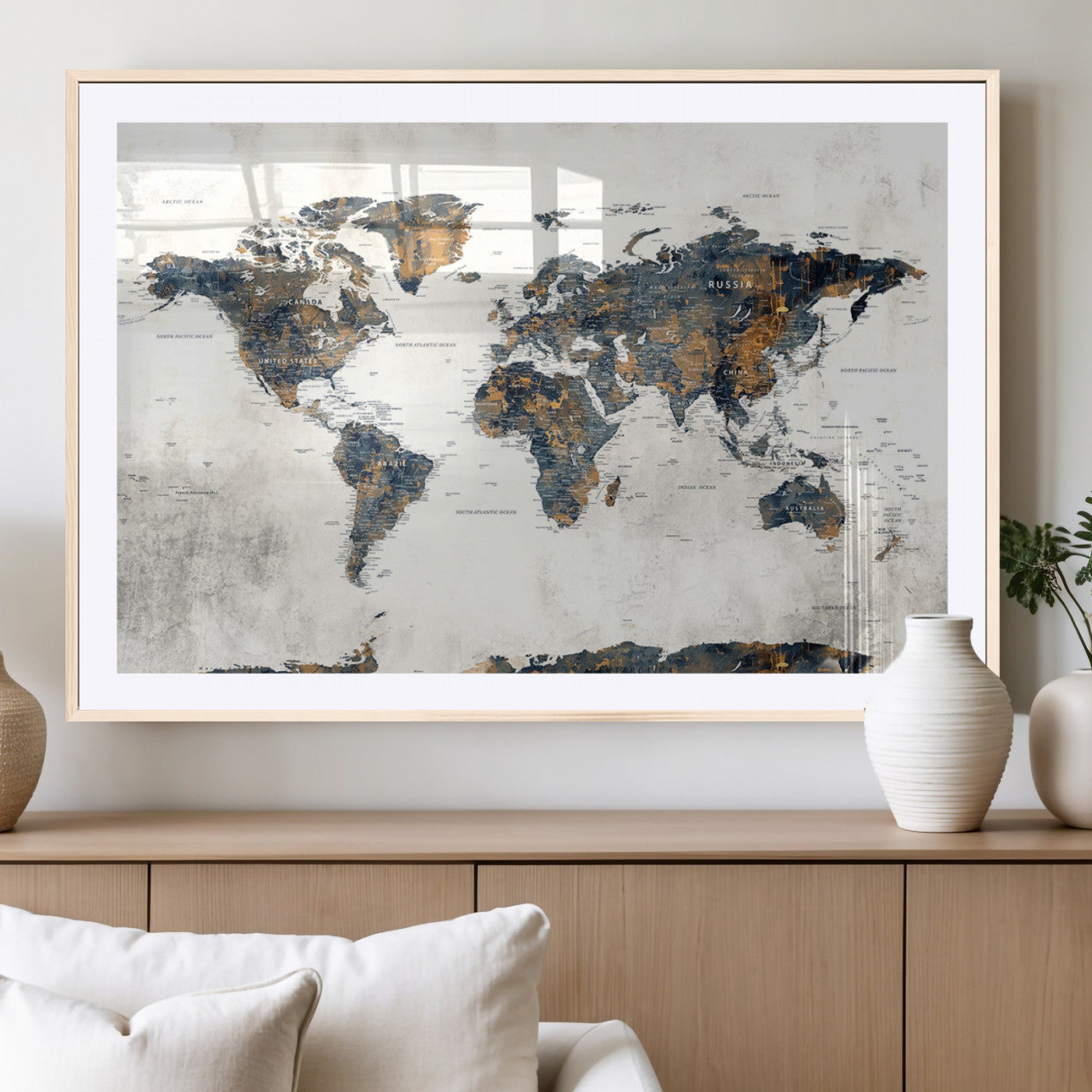 84230696-MGC-FP-40x30_Natural-Vintage World Map Earth Cartography Travel Explore Globe Adventure Discover Continents Oceans Countries Borders Historic Wall Art Canvas Print