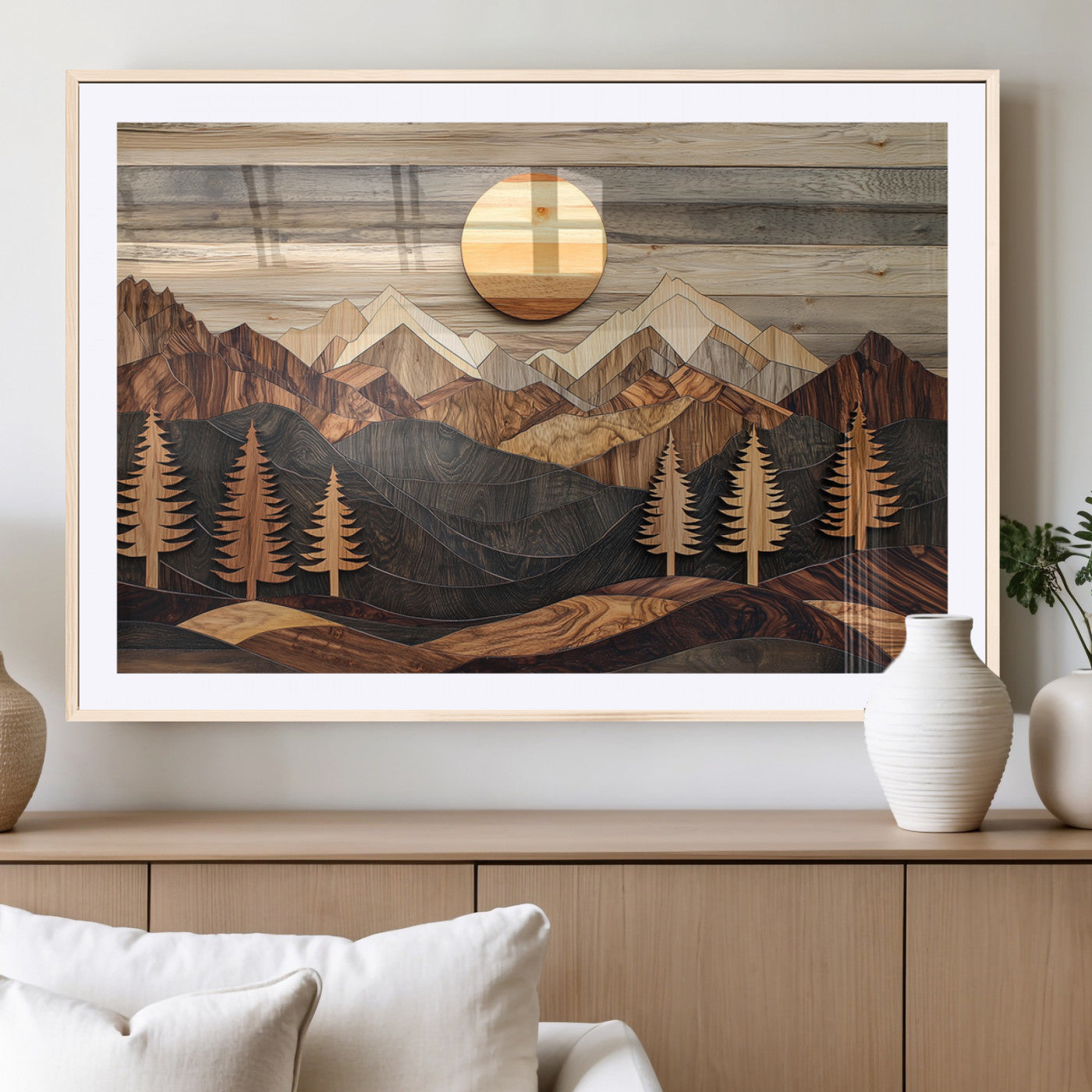 19832326-MGC-FP-40x30_Natural-Wooden Mountain Landscape Wall Art Canvas Print, Rustic Forest Pines and Sun Design Natural Warm Decor for Home, Office