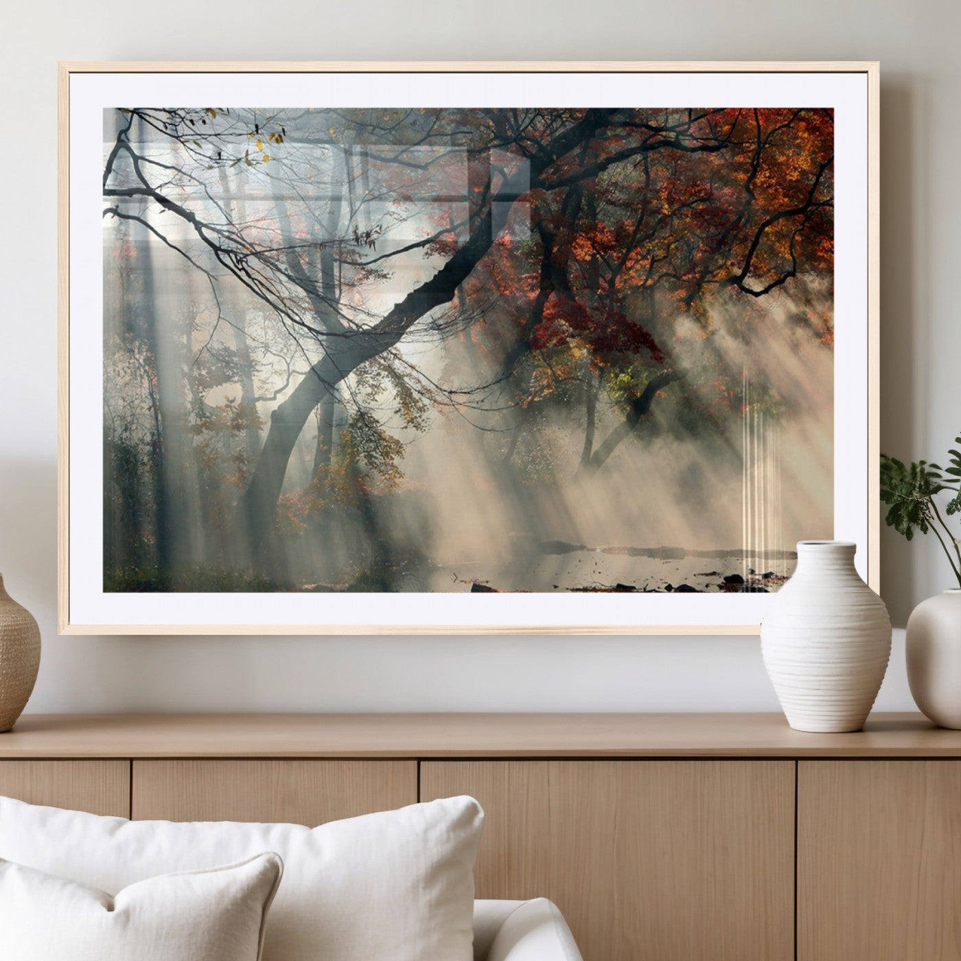36043878-MGV-CV-36X24-Sunlit Autumn Forest Wall Art Canvas Print – Framed Mist Trees Scene with Peaceful Rays Artwork for Home, Office