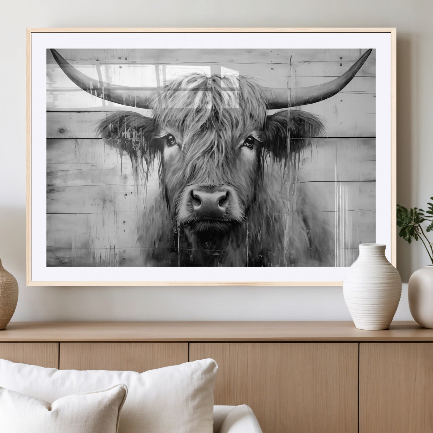 1001HASAN27-MGC-FP-36x24 - Black White Highland Cow Wall Art Canvas Print