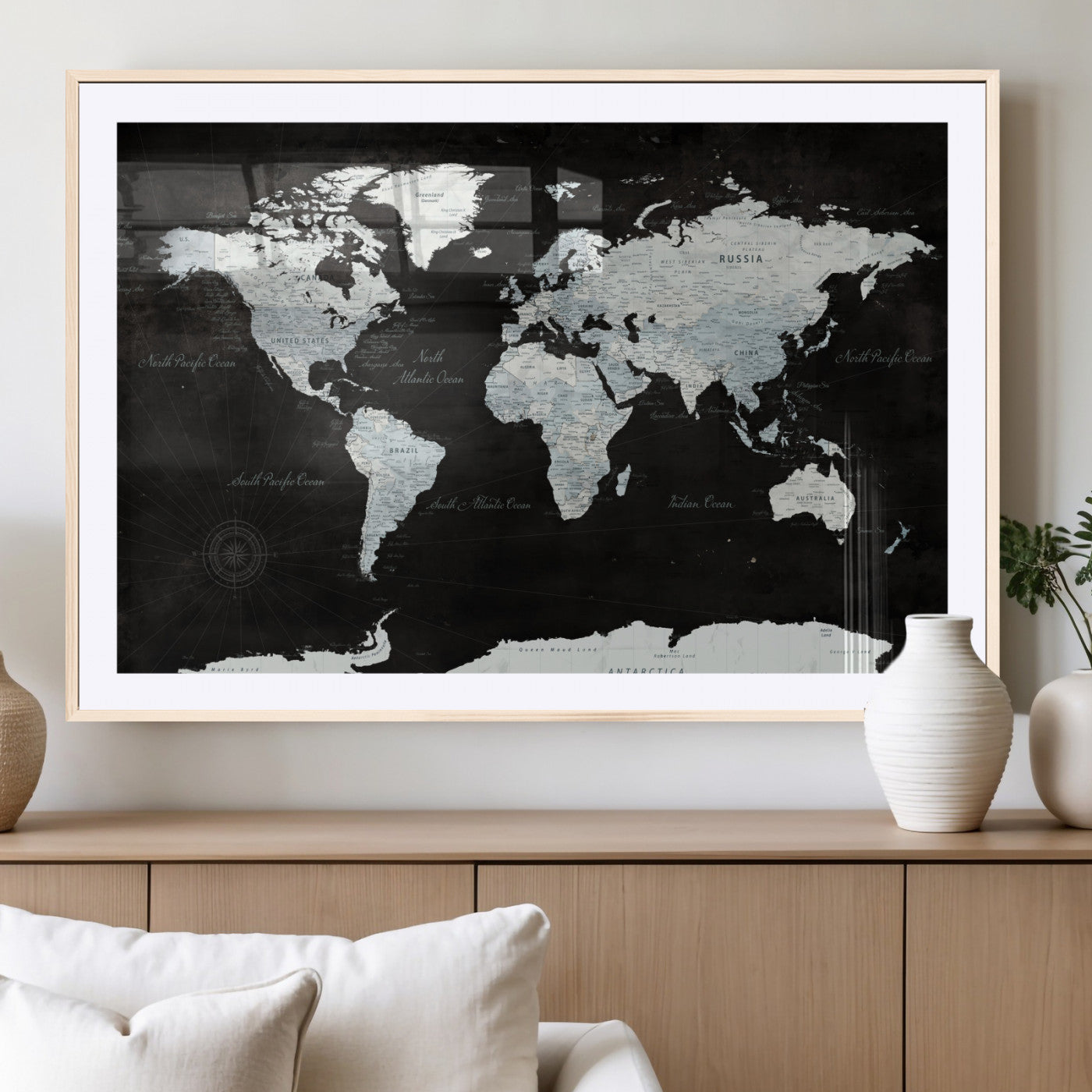 30759283-MGC-FP-36x24 - World Map Wall Art Canvas Print, Modern Decorative Framed Map Artwork Prints for Living Room, Office, Bedroom Wall Decor