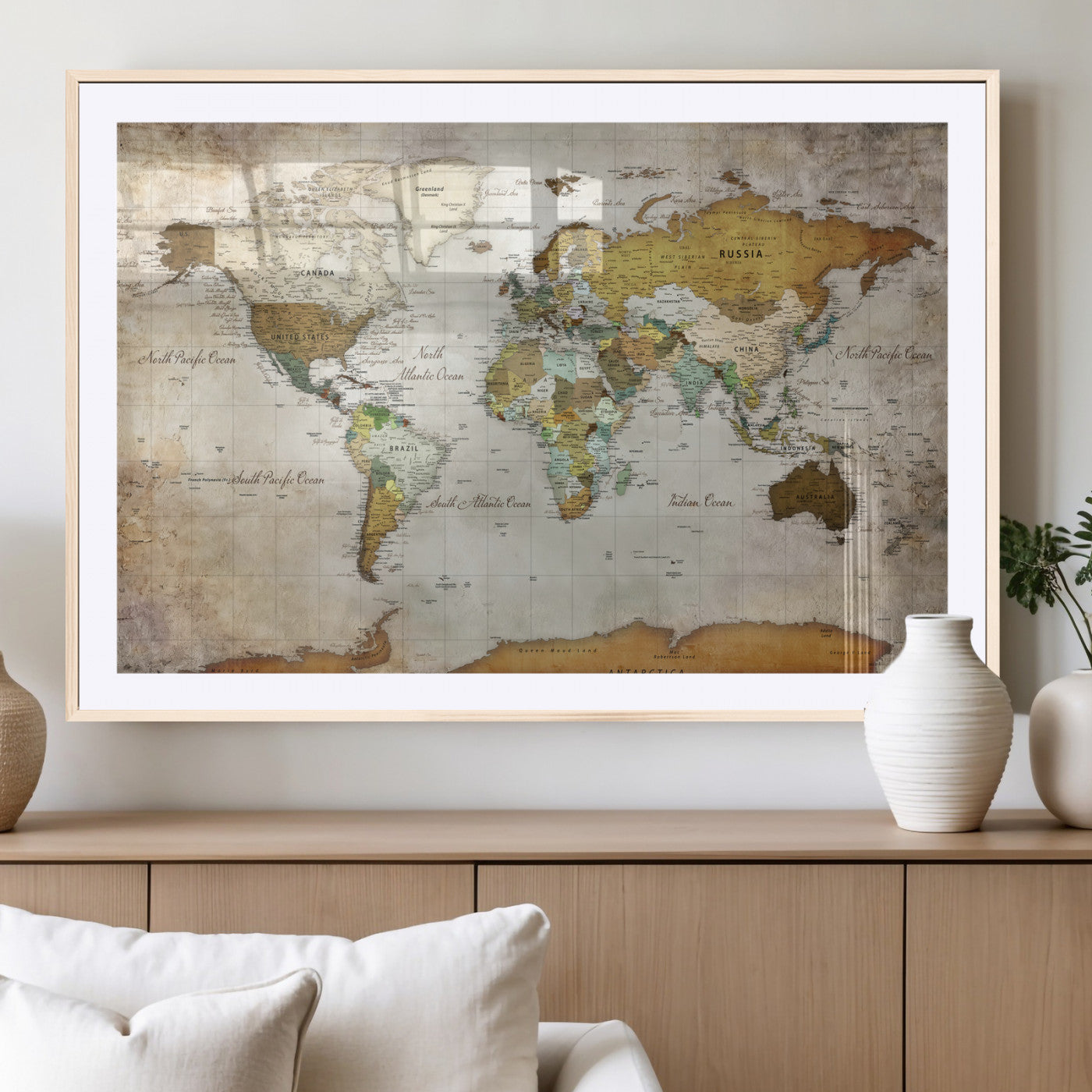 86108417-MGV-CV-36X24 - World Map Wall Art Canvas Print, Modern Decorative Framed Map Artwork Prints for Living Room, Office, Bedroom Wall Decor
