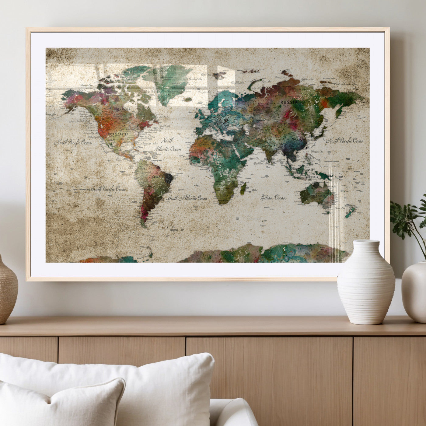 87544591-MGV-CV-36X24 - World Map Wall Art Canvas Print, Modern Decorative Framed Map Artwork Prints for Living Room, Office, Bedroom Wall Decor