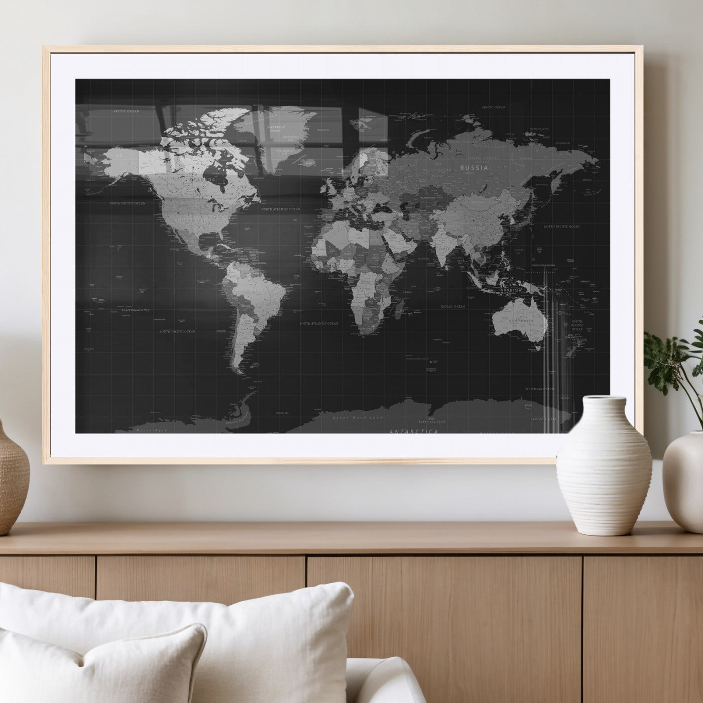 46160121-MGV-CV-36X24 - World Map Wall Art Canvas Print, Modern Decorative Framed Map Artwork Prints for Living Room, Office, Bedroom Wall Decor