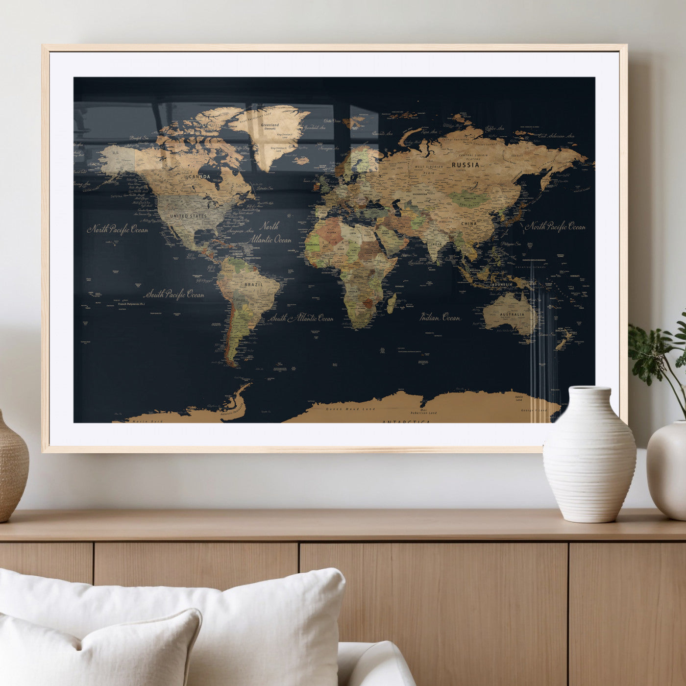 94449133-MGV-CV-36X24 - World Map Wall Art Canvas Print, Modern Decorative Framed Map Artwork Prints for Living Room, Office, Bedroom Wall Decor