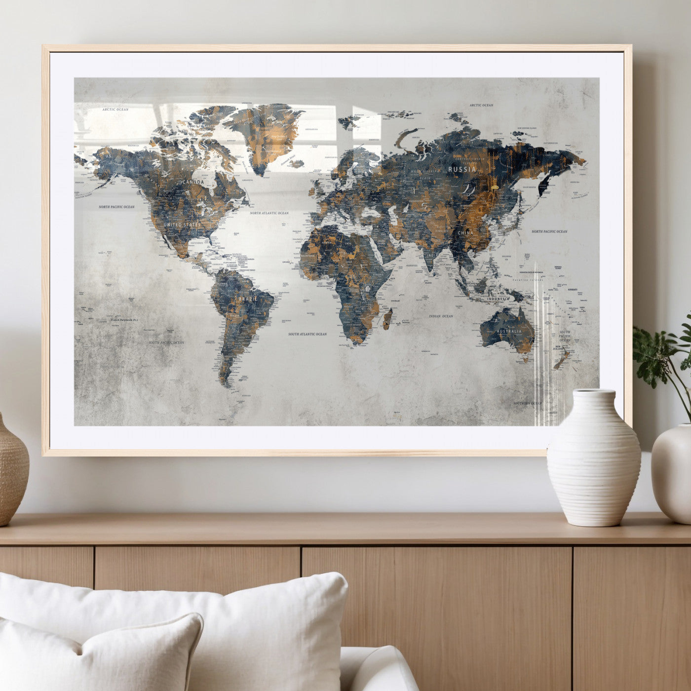 52451147-MGV-CV-36X24 - World Map Wall Art Canvas Print, Modern Decorative Framed Map Artwork Prints for Living Room, Office, Bedroom Wall Decor