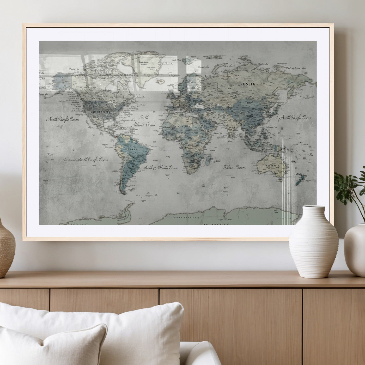 91132939-MGV-CV-36X24 - World Map Wall Art Canvas Print, Modern Decorative Framed Map Artwork Prints for Living Room, Office, Bedroom Wall Decor