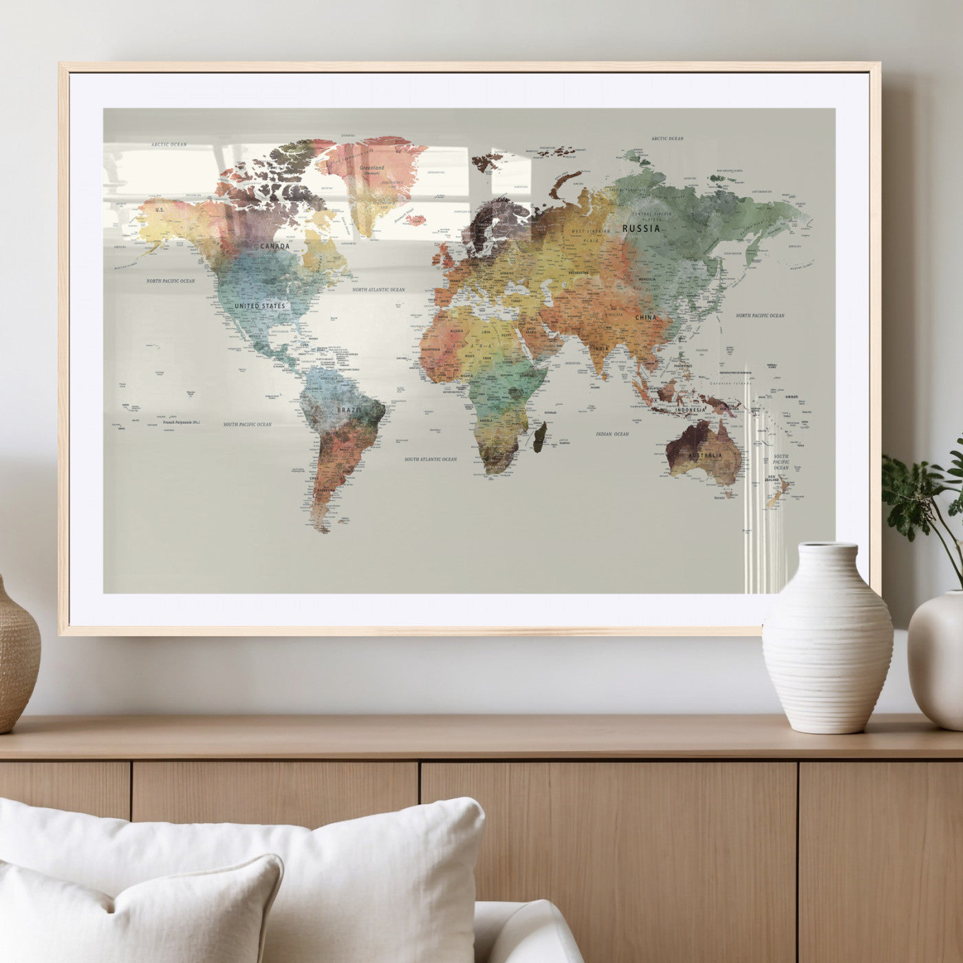 64206059-MGV-CV-36X24 - World Map Wall Art Canvas Print, Modern Decorative Framed Map Artwork Prints for Living Room, Office, Bedroom Wall Decor
