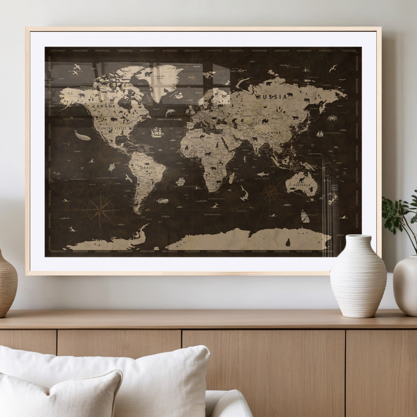 44276398-MGV-CV-36X24 - World Map Wall Art Canvas Print, Modern Decorative Framed Map Artwork Prints for Living Room, Office, Bedroom Wall Decor