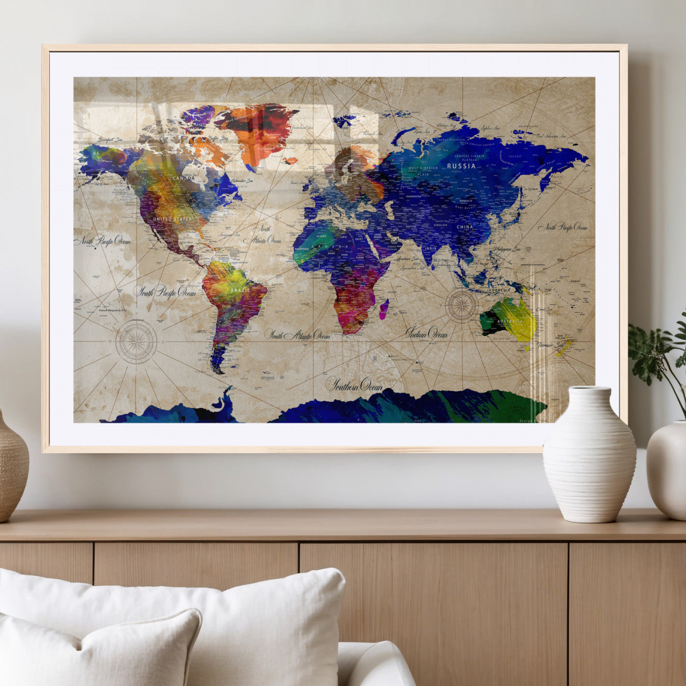 26284075-MGV-CV-36X24 - World Map Wall Art Canvas Print, Modern Decorative Framed Map Artwork Prints for Living Room, Office, Bedroom Wall Decor