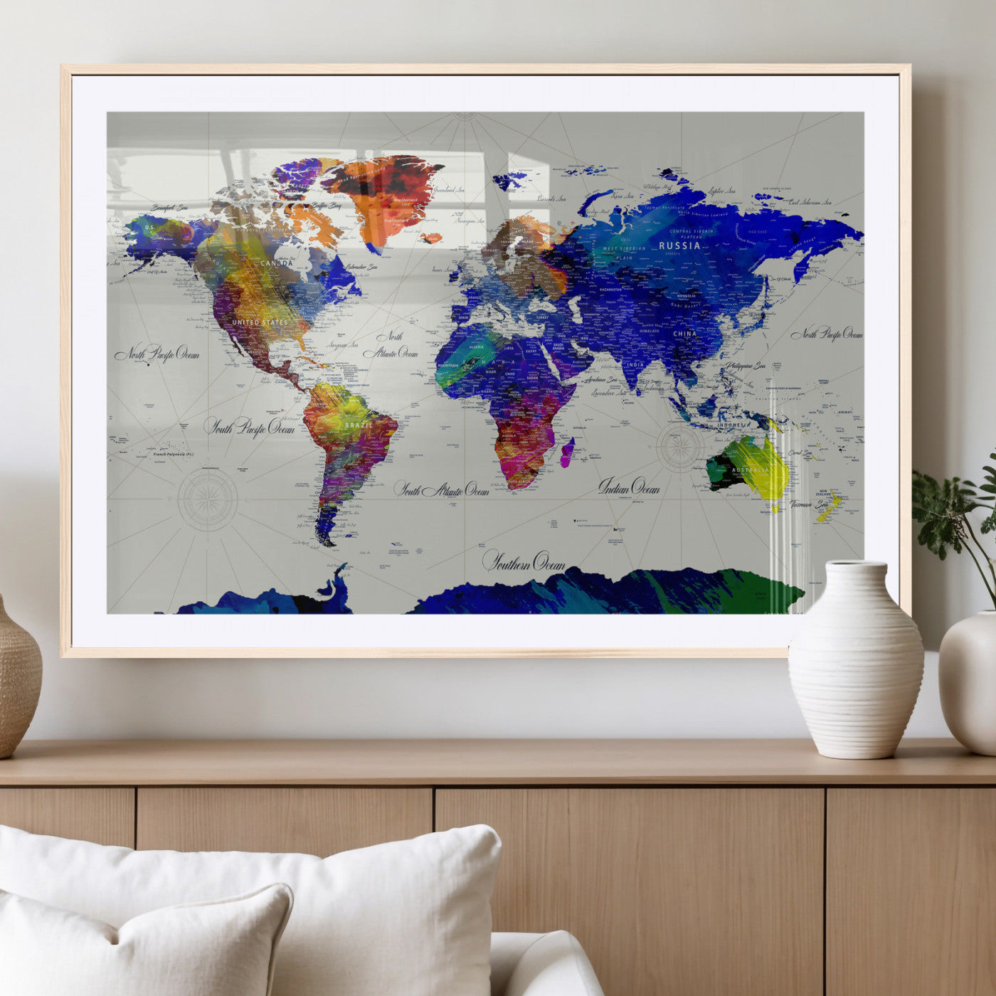 49670038-MGV-CV-36X24 - World Map Wall Art Canvas Print, Modern Decorative Framed Map Artwork Prints for Living Room, Office Decor
