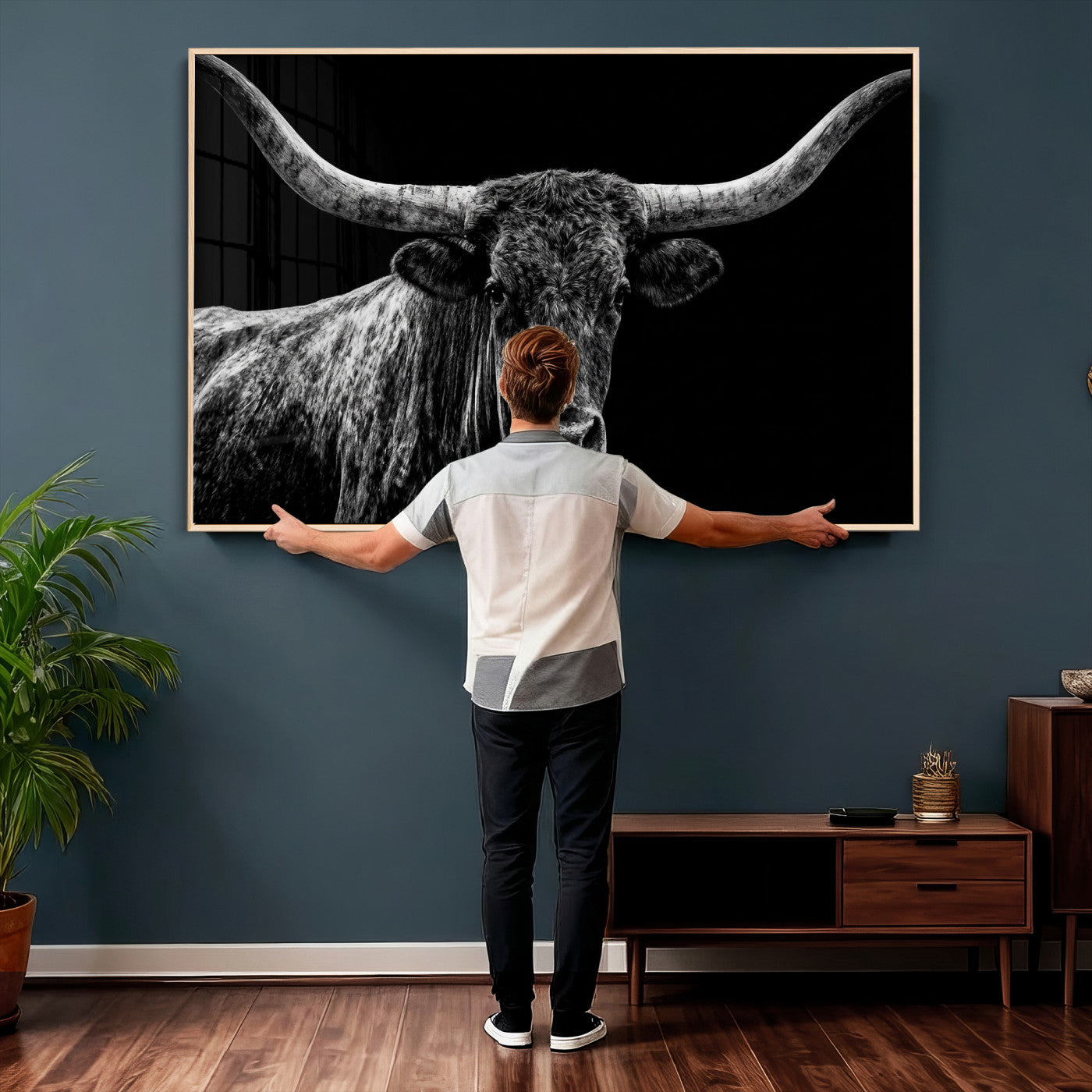 86568508-MGV-CV-36X24 - Vintage Texas Longhorn Bull Wall Art Canvas Print, Texas Cow Portrait Print, Framed Bull Wall Art Ready to Hang