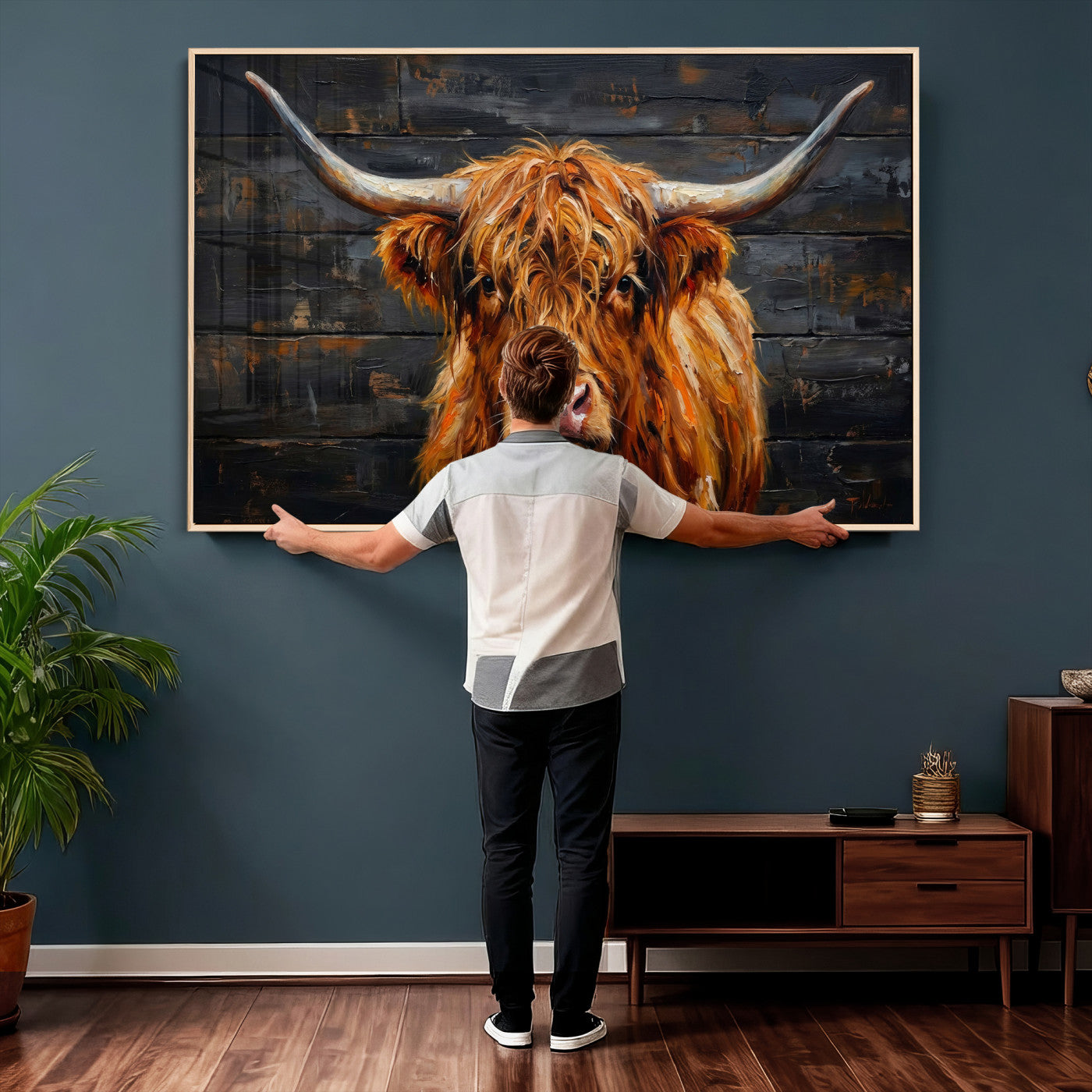 32536611-MGV-CV-36X24 - Highland Cow Wall Art Canvas Print, Rustic Farm Animal Painting, Framed Wall Art Ready to Hang