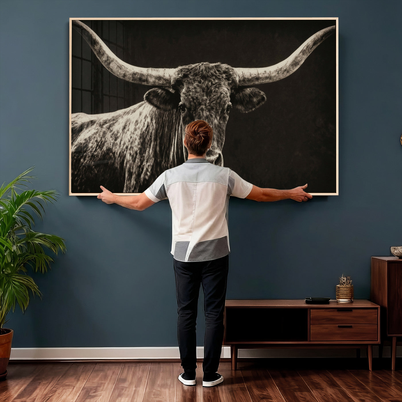 74513721-MGV-CV-36X24 - Vintage Texas Longhorn Bull Wall Art Canvas Print, Cow Portrait Photography Print, Framed Wall Art Ready to Hang