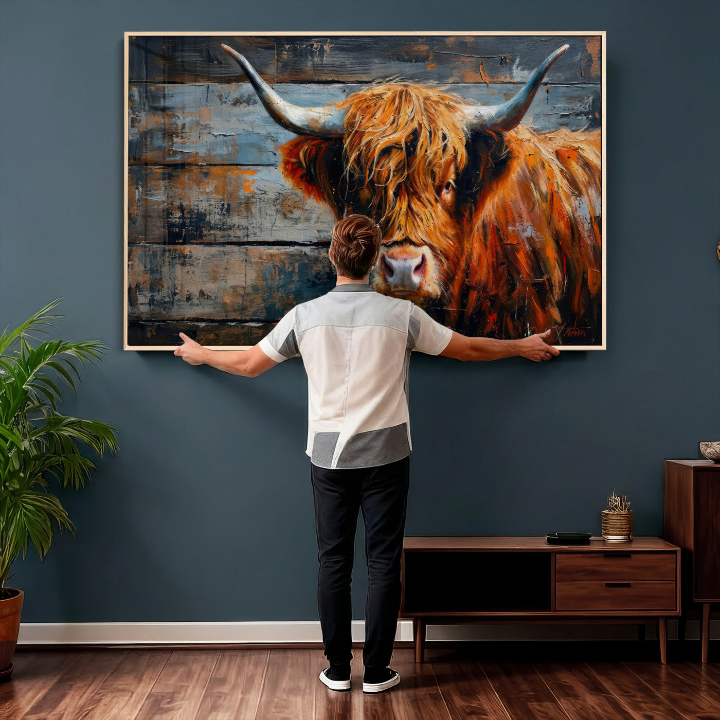 90271423-MGV-CV-36X24 - Highland Cow Wall Art Canvas Print, Abstract Rustic Farm Animal Wall Art Print, Framed Wall Art Ready to Hang