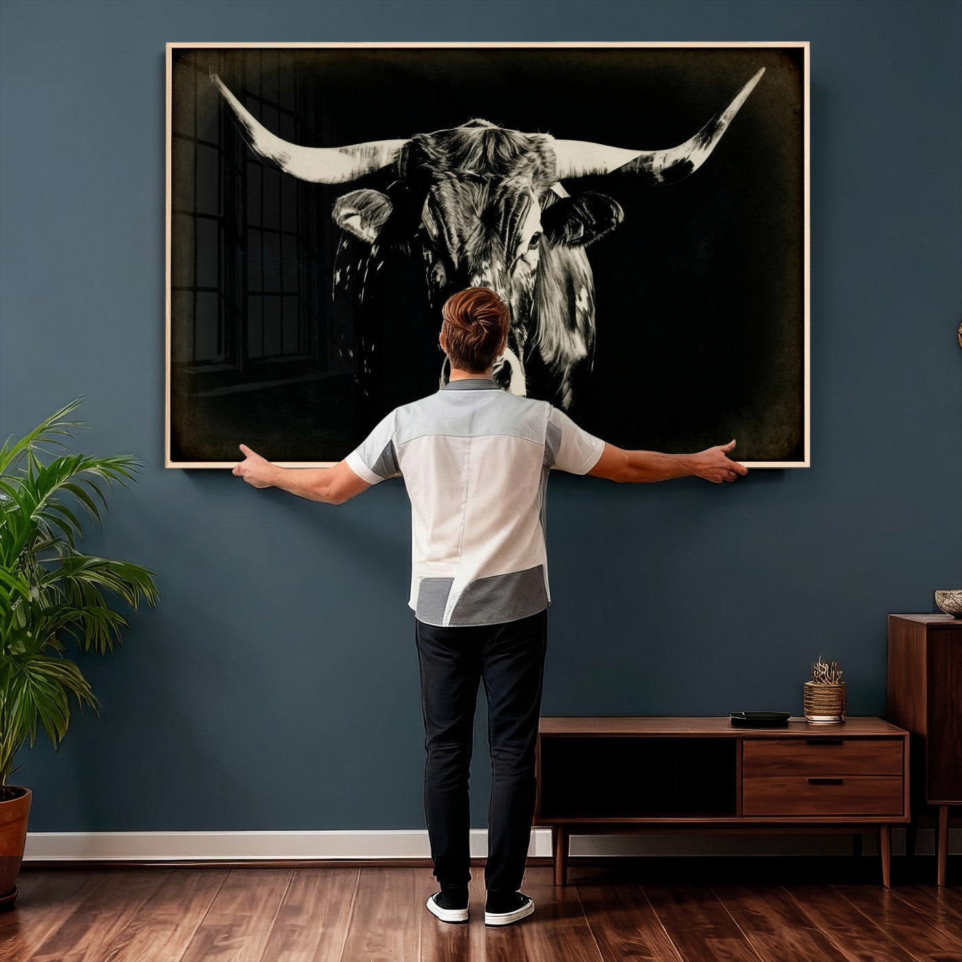 91364114-MGV-CV-36X24 - Black Bull Wall Art Canvas Print, Texas Longhorn Portrait Print, Framed Wall Art Ready to Hang