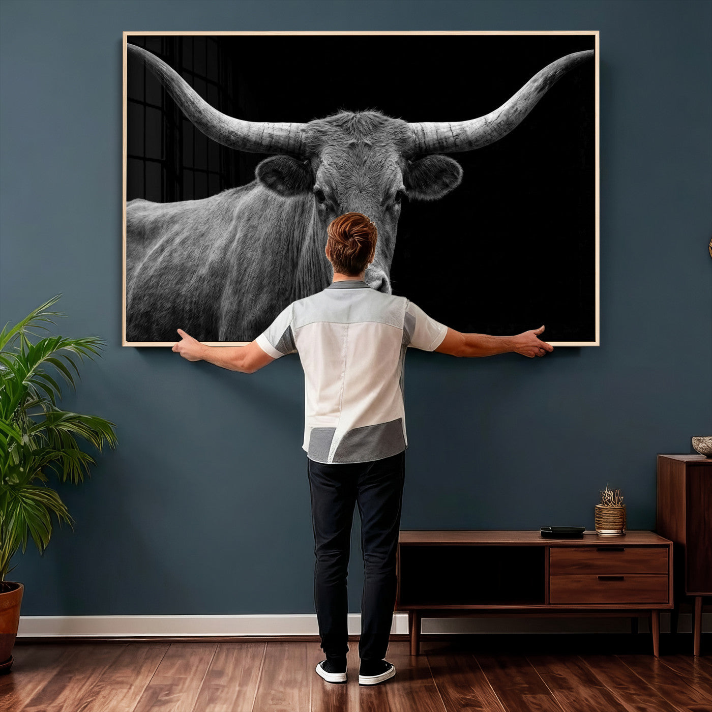 32601430-MGV-CV-36X24 - Texas Longhorn Bull Wall Art Canvas Print, Cow Portrait Photography, Framed Wall Art Ready to Hang