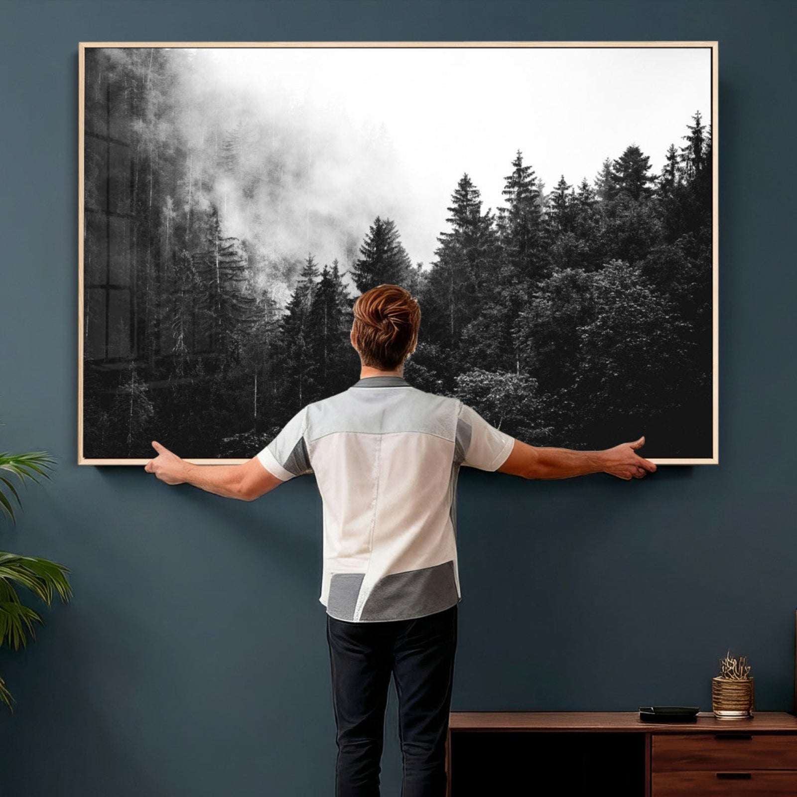 98764151-MGV-CV-36X24 - Black and White Forest Wall Art Canvas Print, Misty Pine Tree Landscape Photography, Framed Wall Art Ready to Hang