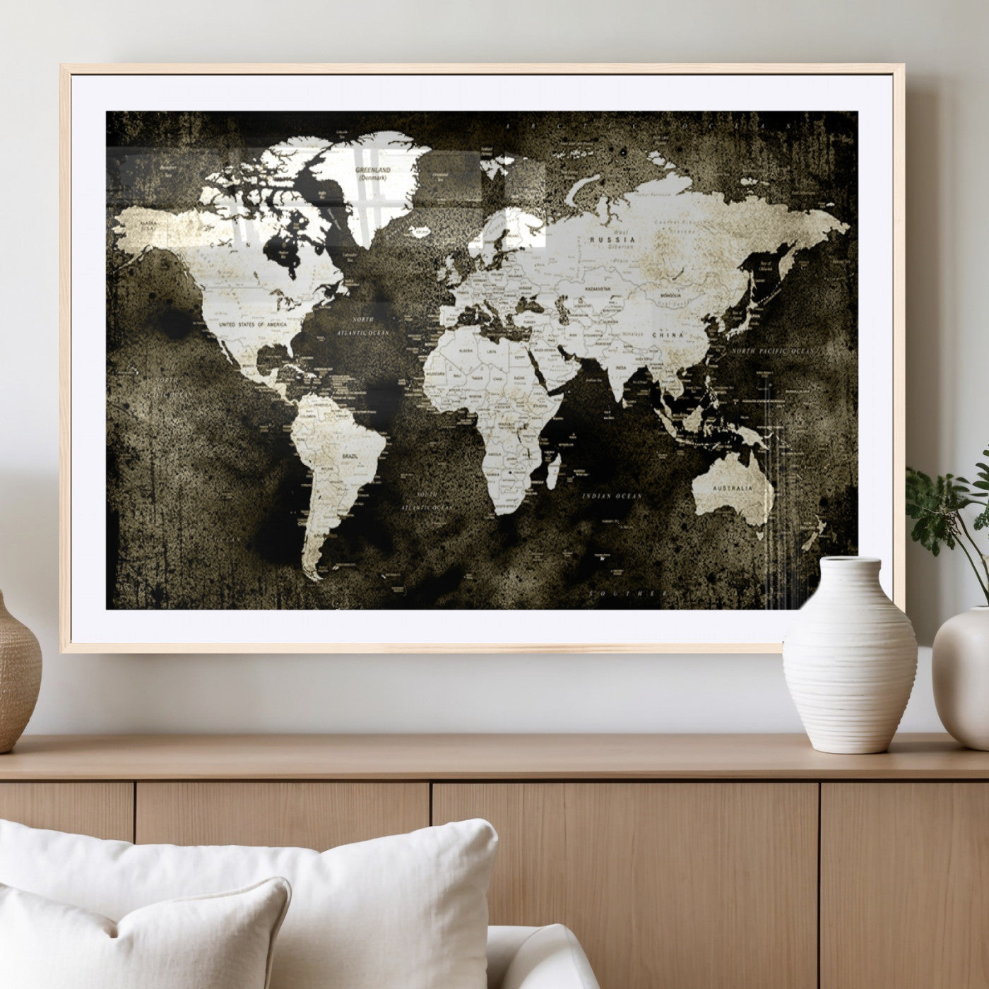 66737-MGC-FP-36x24_Natural-Vintage World Map Canvas Wall Art – Framed Push Pin Travel Map for Home and Office Decor, Rustic Wall Artwork for Travelers